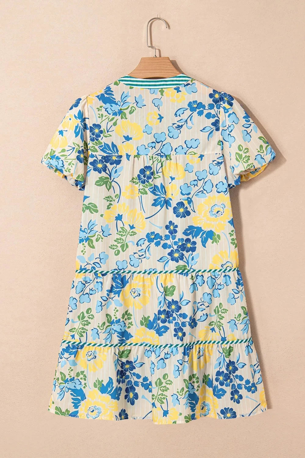 Floral Striped Trim Puff Short Sleeve Dress Simply Love
