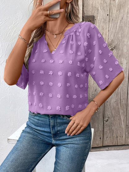 Swiss Dot Notched Half Sleeve Blouse.