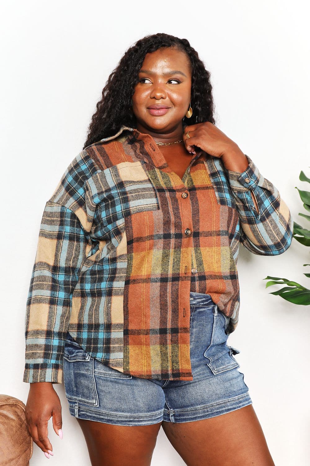 Plaid perfection curved hem shirt jacket with functional pockets