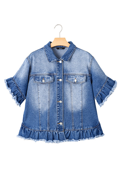 Peacock blue ruffled denim jacket