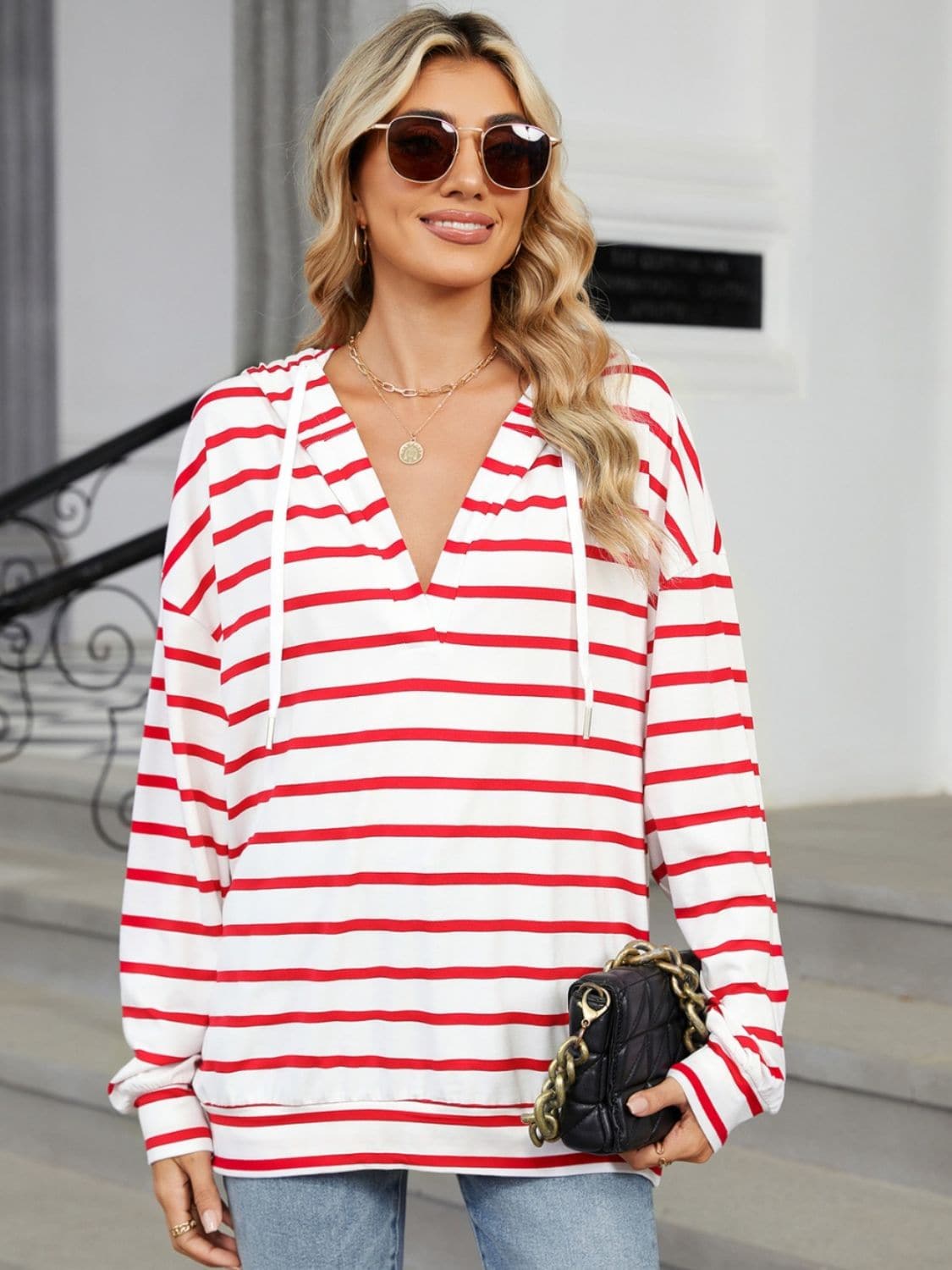 Drawstring Striped Long Sleeve Hoodie.