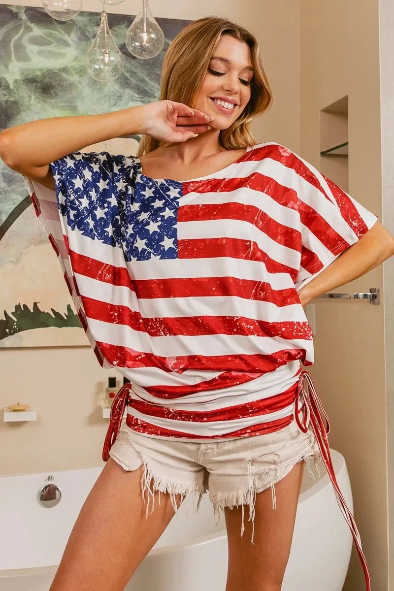 BiBi American Flag Printed Side Ruched Details Knit Top Coco’s Tee Boutique
