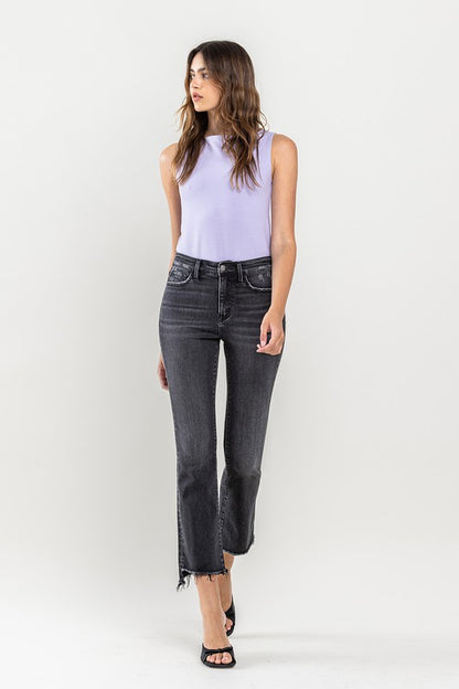 High Rise Raw Step Hem Crop Flare Jeans