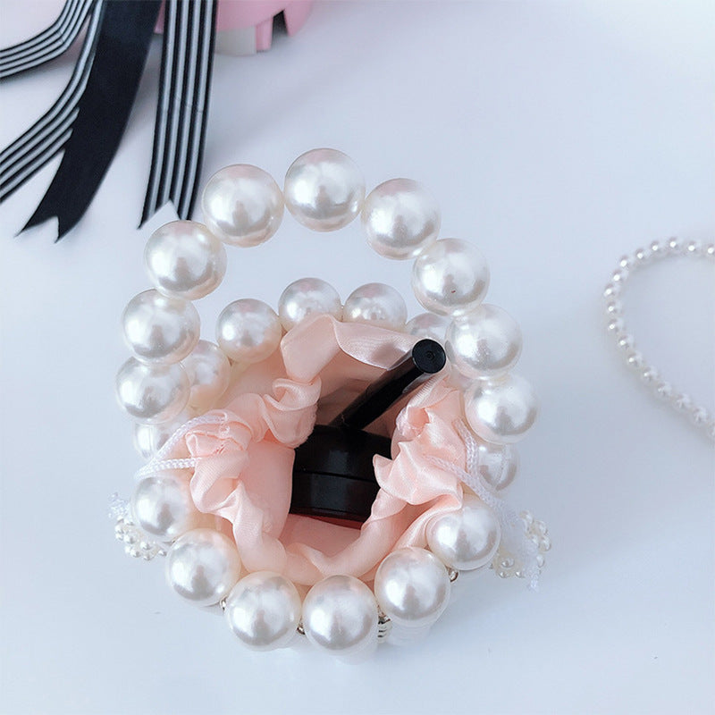 Hand Woven Imitation Pearl Handbag Stylish round Women Bucket Bag Hand Held Hollow Out Cutout Pen Holder Bag Bella Mia
