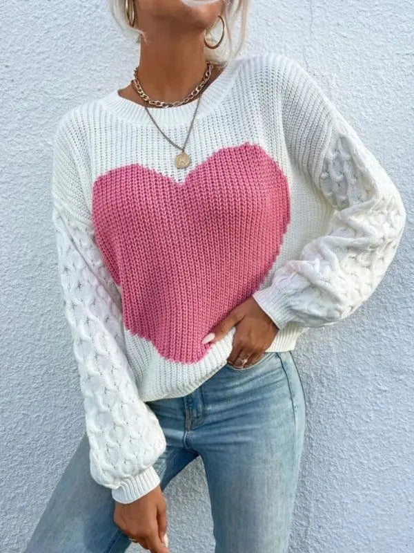 Heart Pattern Knit Sweater With Cable Knit Sleeves And Relaxed Fit Miss Sparkling