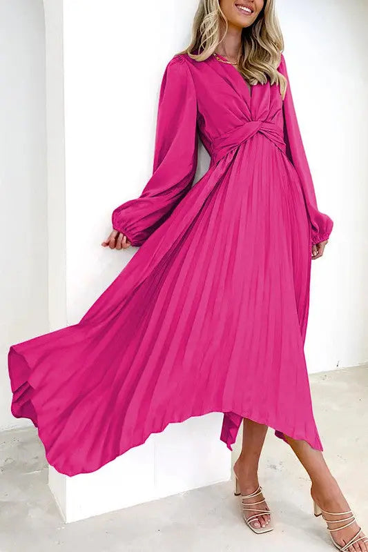 Pleated Long Sleeve V Neck Twist Front Dress With Bishop Sleeves Miss Sparkling