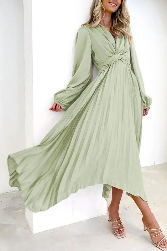 Pleated Long Sleeve V Neck Twist Front Dress With Bishop Sleeves Miss Sparkling
