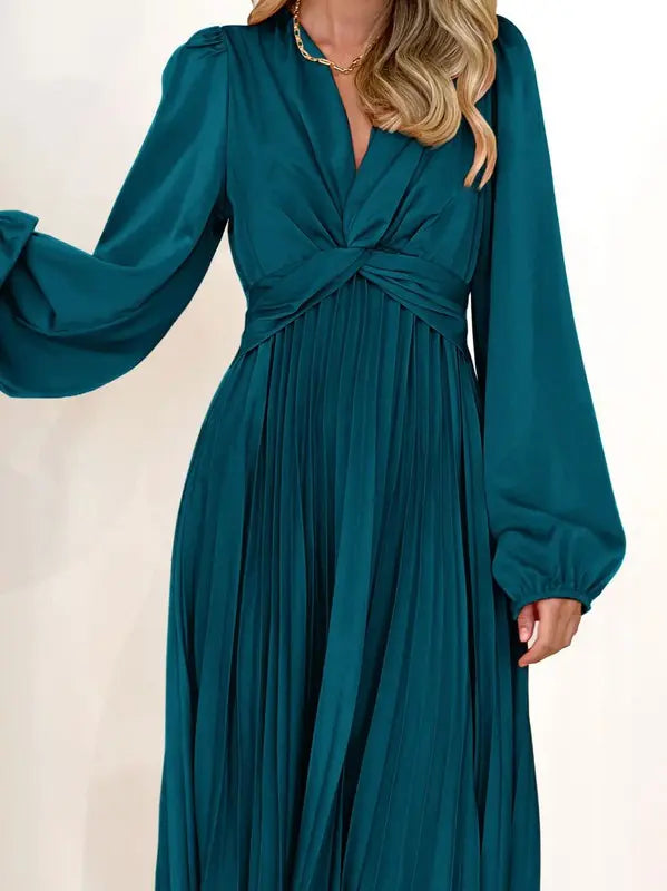 Pleated Long Sleeve V Neck Twist Front Dress With Bishop Sleeves Miss Sparkling