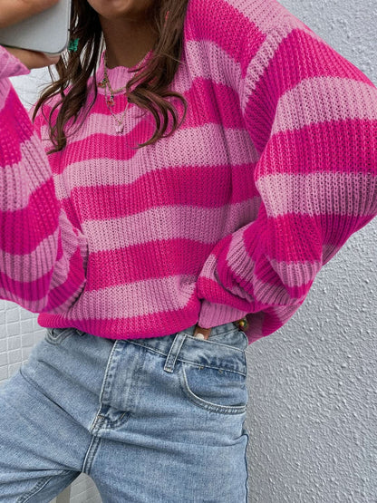 Cozy honey striped long sleeve sweater with round neck