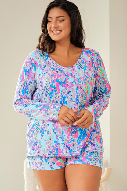 Sky Blue Floral Lounge Set for Plus Sizes with Long Sleeves and Shorts