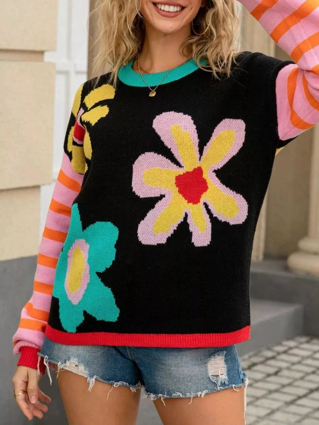 Floral Striped Crew Neck Sweater Simply Love