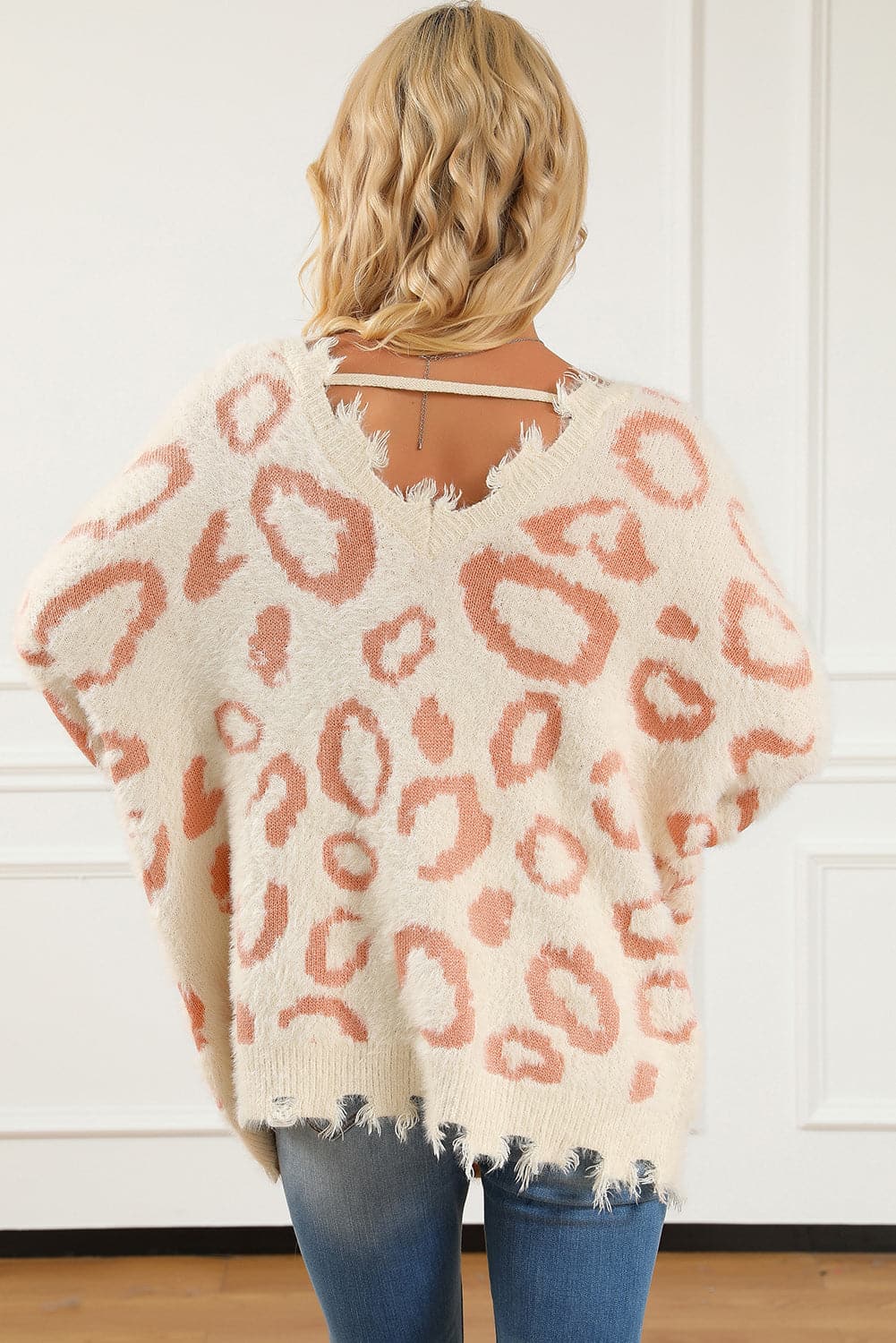 Leopard V-Neck Dropped Shoulder Sweater.