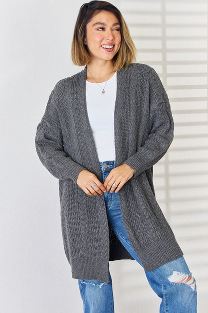 Cable-Knit Open Front Dropped Shoulder Cardigan.