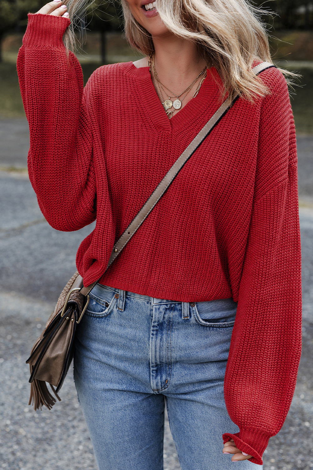 Premium Racing Red Solid Textured Knit V Neck Drop Shoulder Sweater Dear-Lover Dropshipping