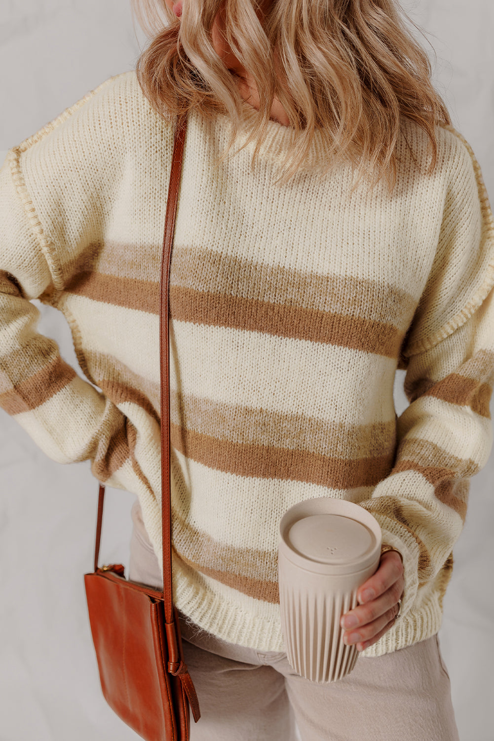 Khaki Stripe Exposed Seam Drop Shoulder Knit Baggy Oversized Sweater Cozy Casual Knitwear Dear-Lover Dropshipping