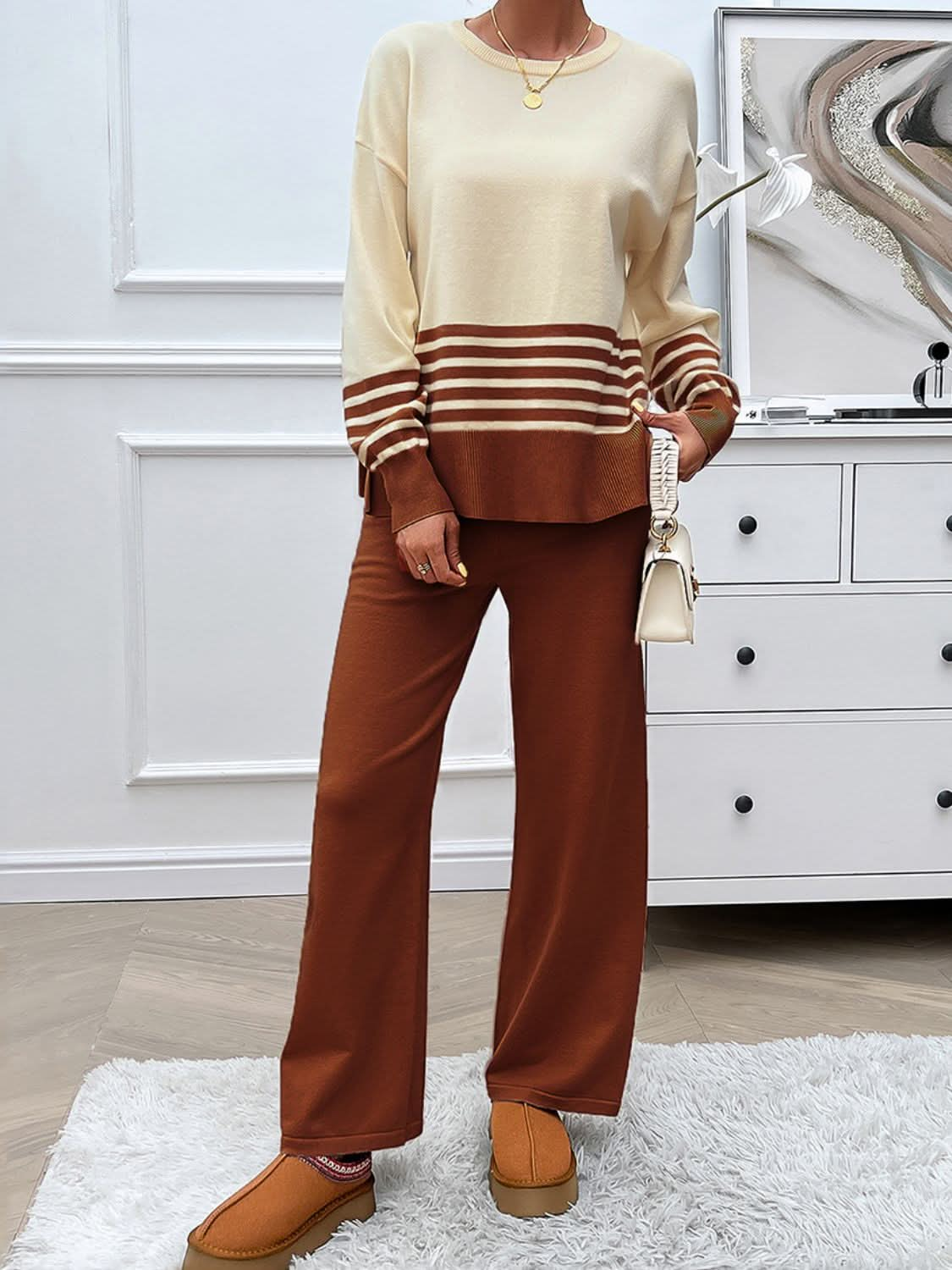 Chic striped sweater set with slit detail and round neck