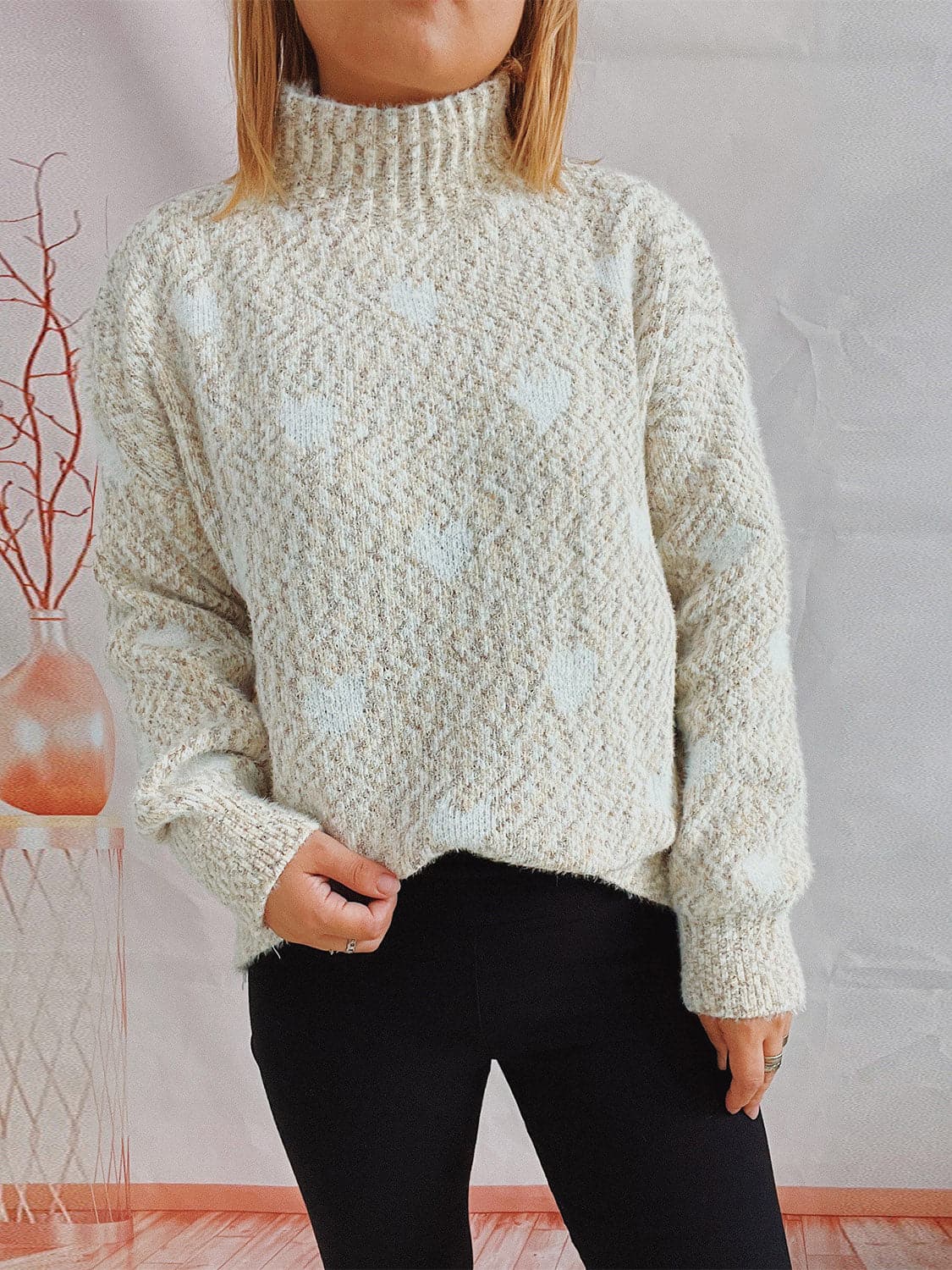 Heart Heathered Turtleneck Drop Shoulder Sweater.