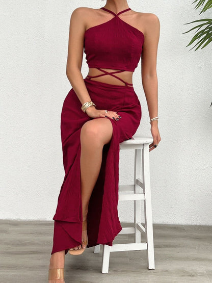 Grecian Neck Top and Slit Skirt Set.