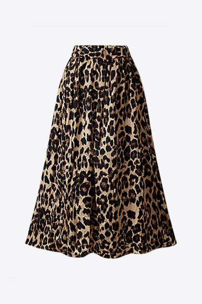 Plus Size Leopard Elastic Waist Midi Skirt.