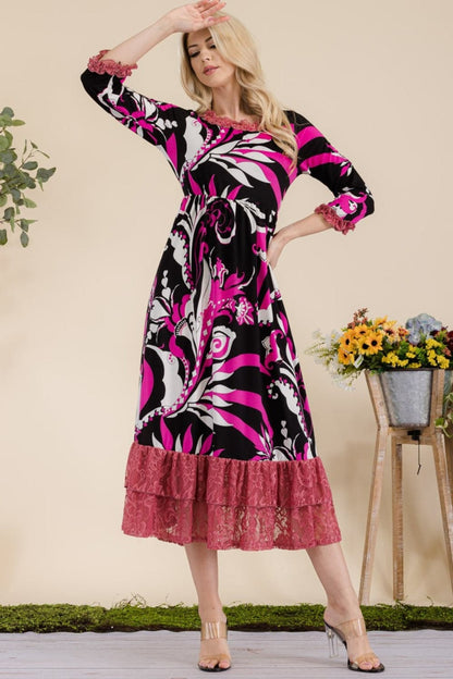 Celeste Full Size Paisley Print Lace Ruffled Midi Dress.