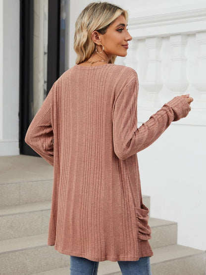 Pocketed Open Front Long Sleeve Cardigan.