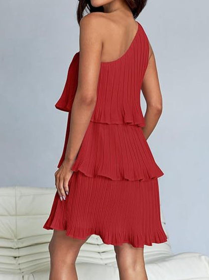 Chic sheer mini dress with ruffles, red, polyester, sleeveless, layered design.