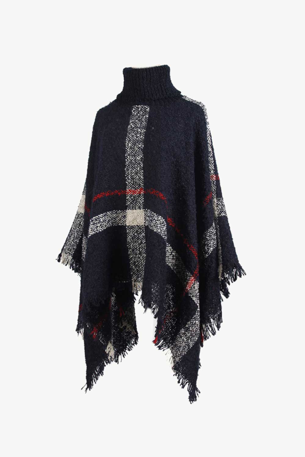 Plaid Turtleneck Raw Hem Poncho.