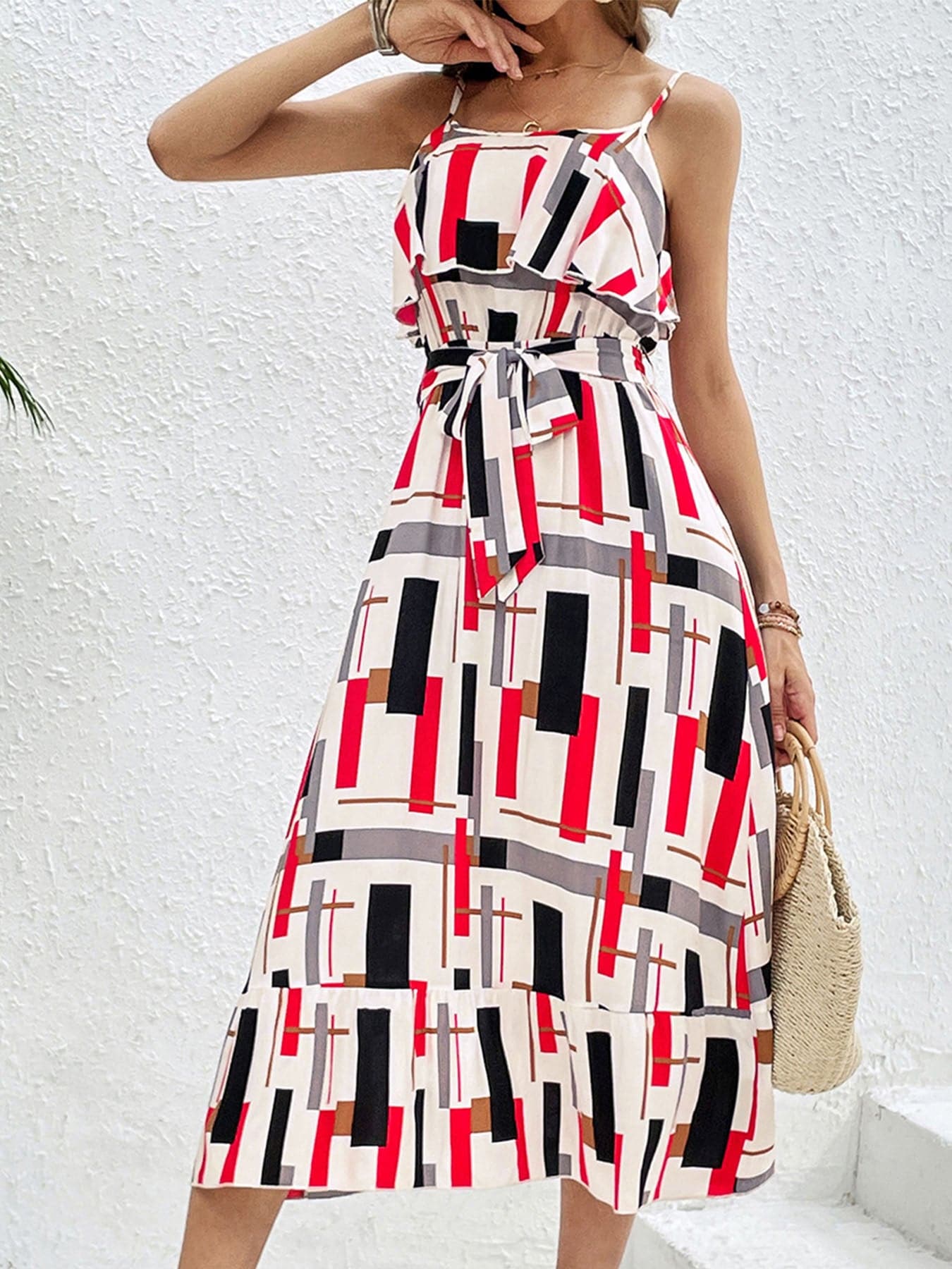 Ruffled Printed Tie Waist Midi Dress.