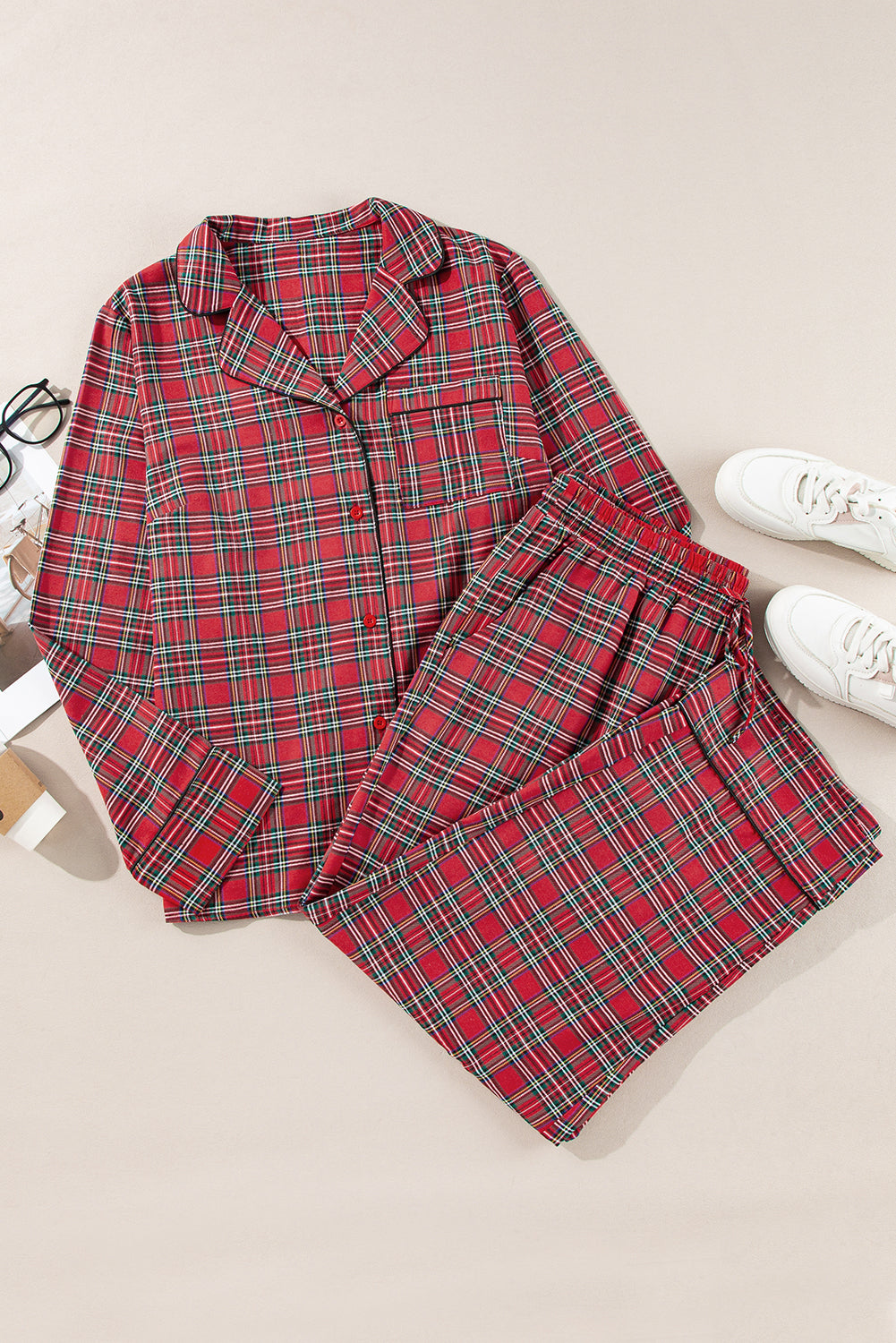 Cozy chic: Plus size red plaid shirt and pants lounge set