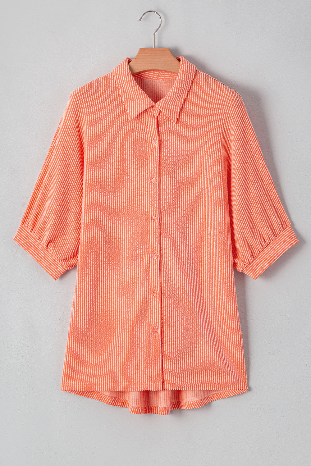 Grapefruit Orange Corded High Low Hem Casual Button-Up Shirt with Half Sleeves