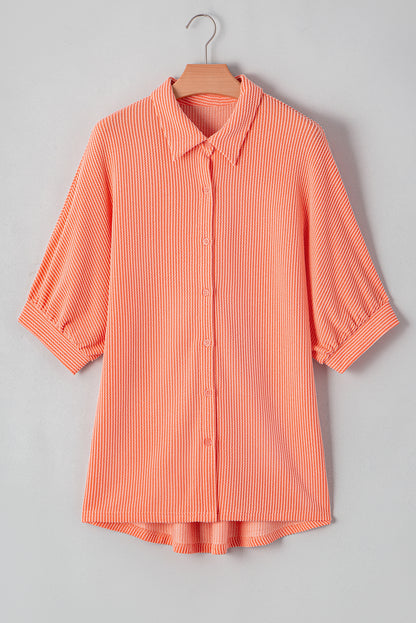 Grapefruit Orange Corded High Low Hem Casual Button-Up Shirt with Half Sleeves