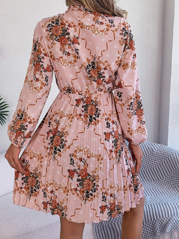 Pleated Printed Tie Neck Long Sleeve Dress.