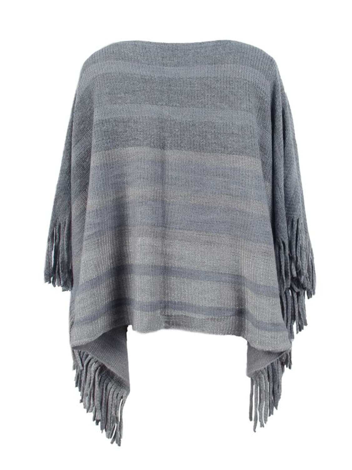 Striped Boat Neck Poncho with Fringes.