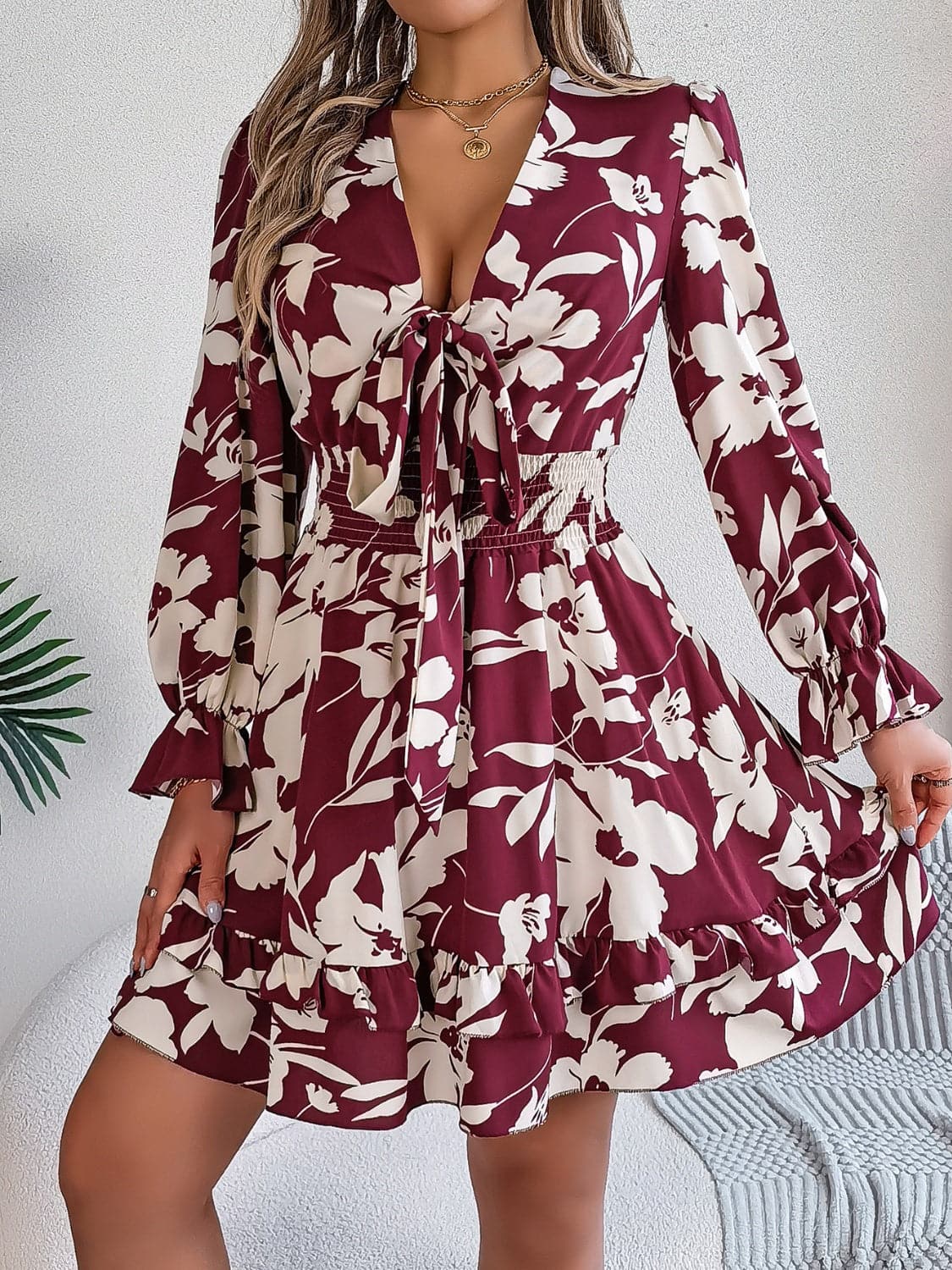 Tied Ruffled Printed Long Sleeve Dress.