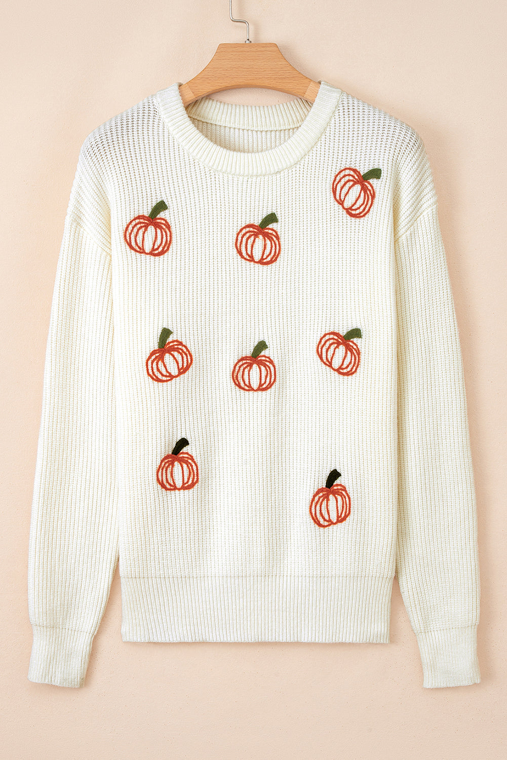 Beige Pumpkin Embroidered Ribbed Thanksgiving Sweater Dear-Lover Dropshipping