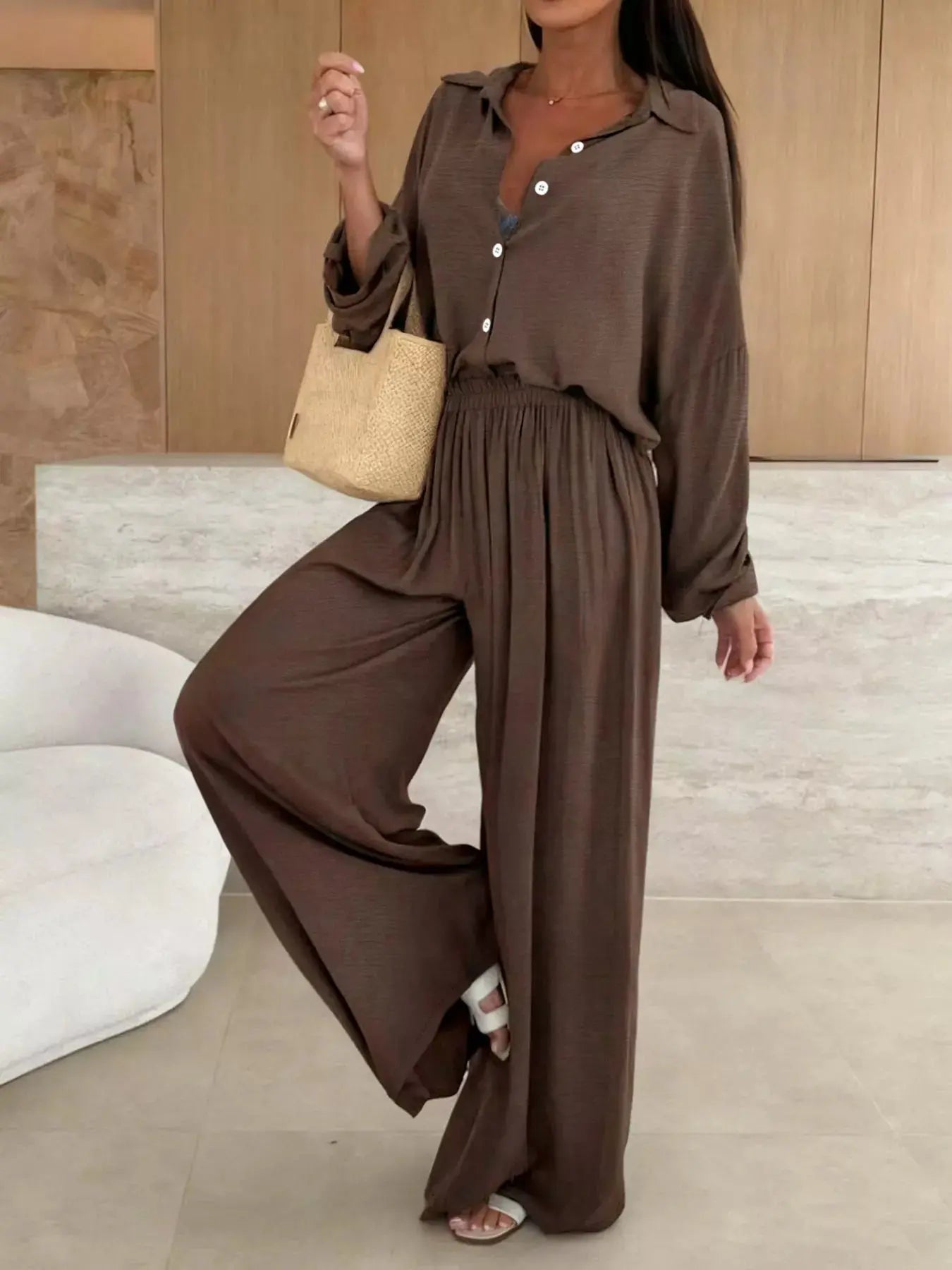 Long Sleeve Shirt and Wide Leg Pants Set Simply Love