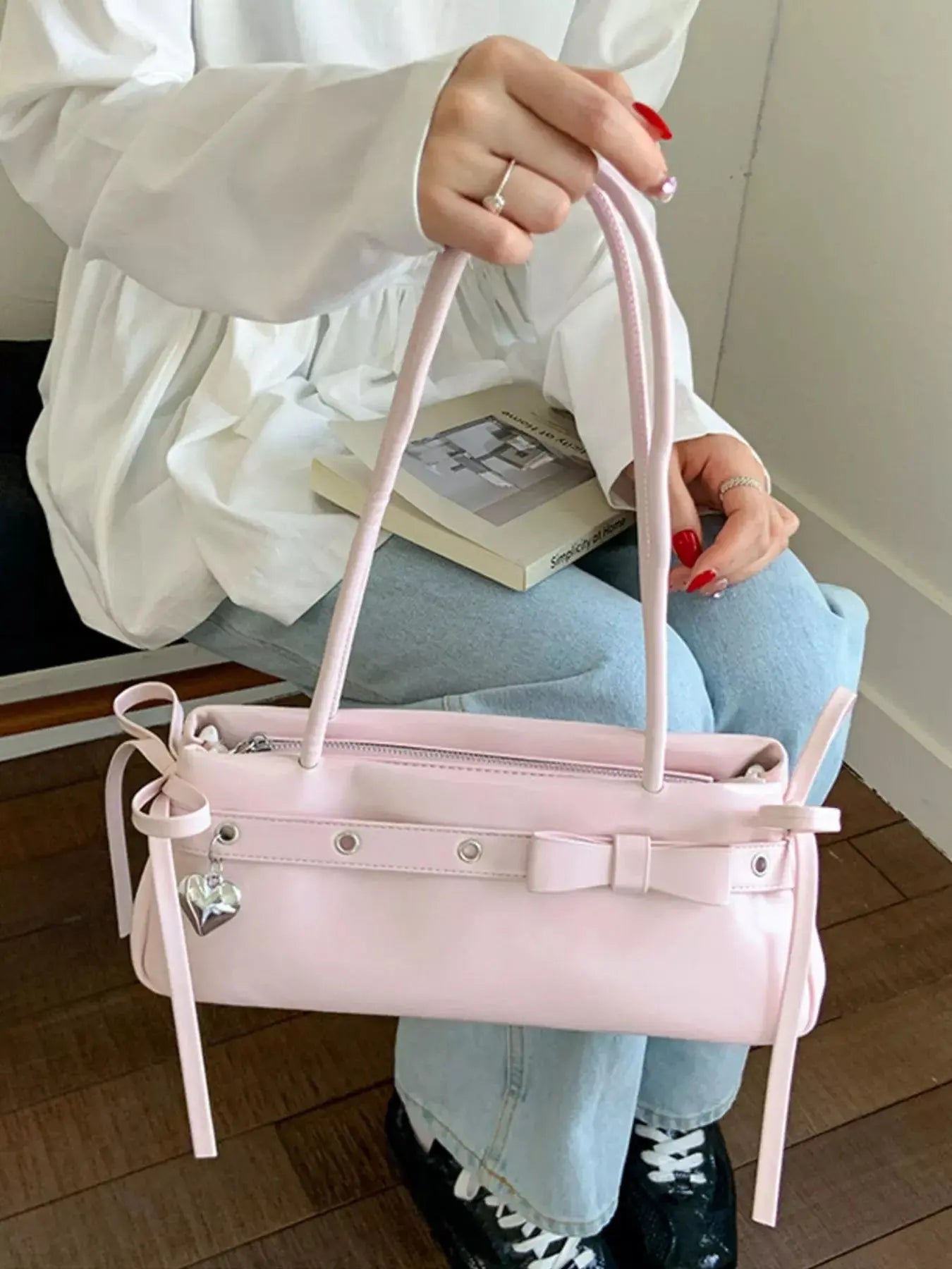 PU Leather Small Shoulder Bag With Heart Charm Elegant Tote Simply Love