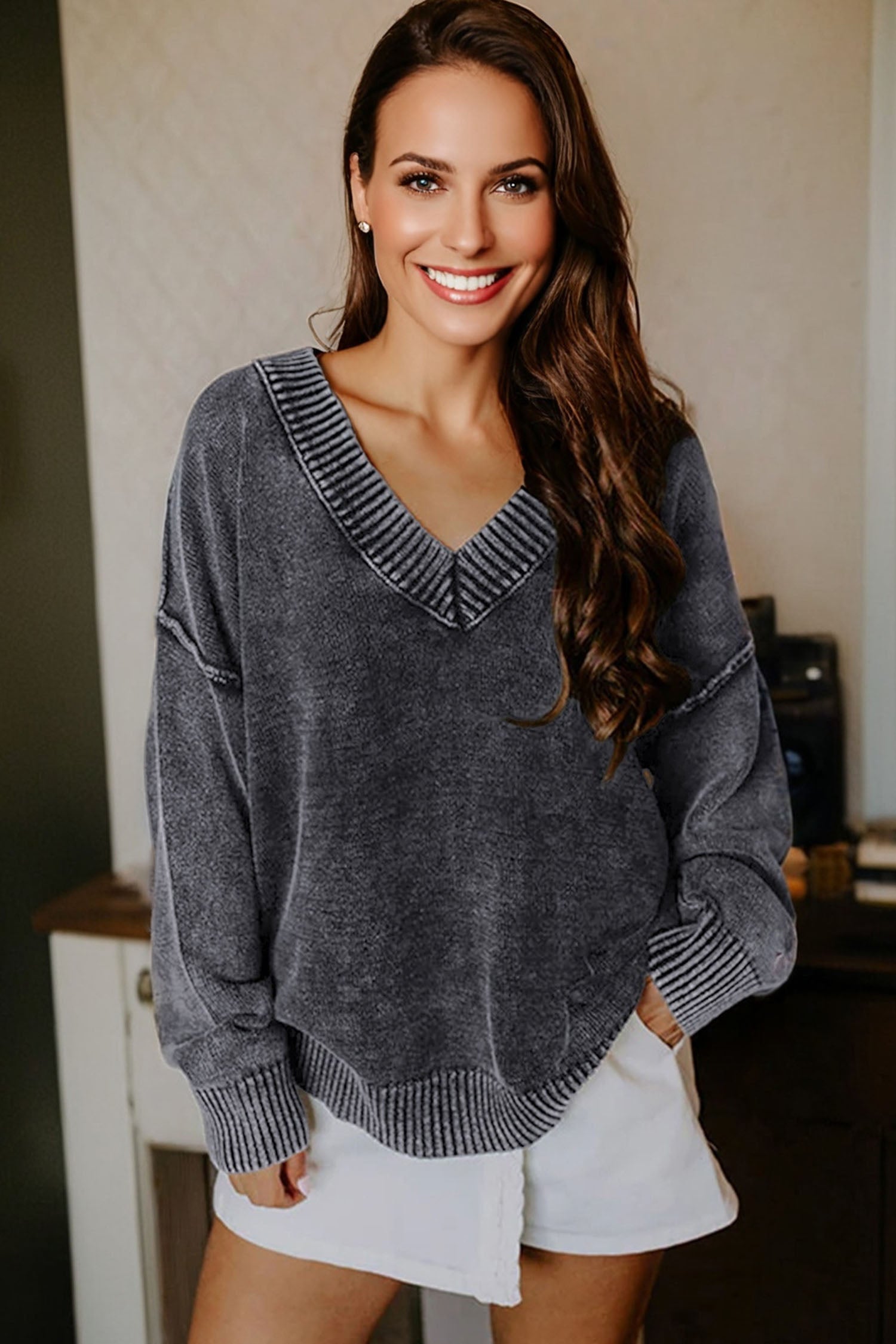 Black Mineral Wash V Neck Knit Sweater Exposed Seams And Drop Shoulder Loose Dear-Lover Dropshipping