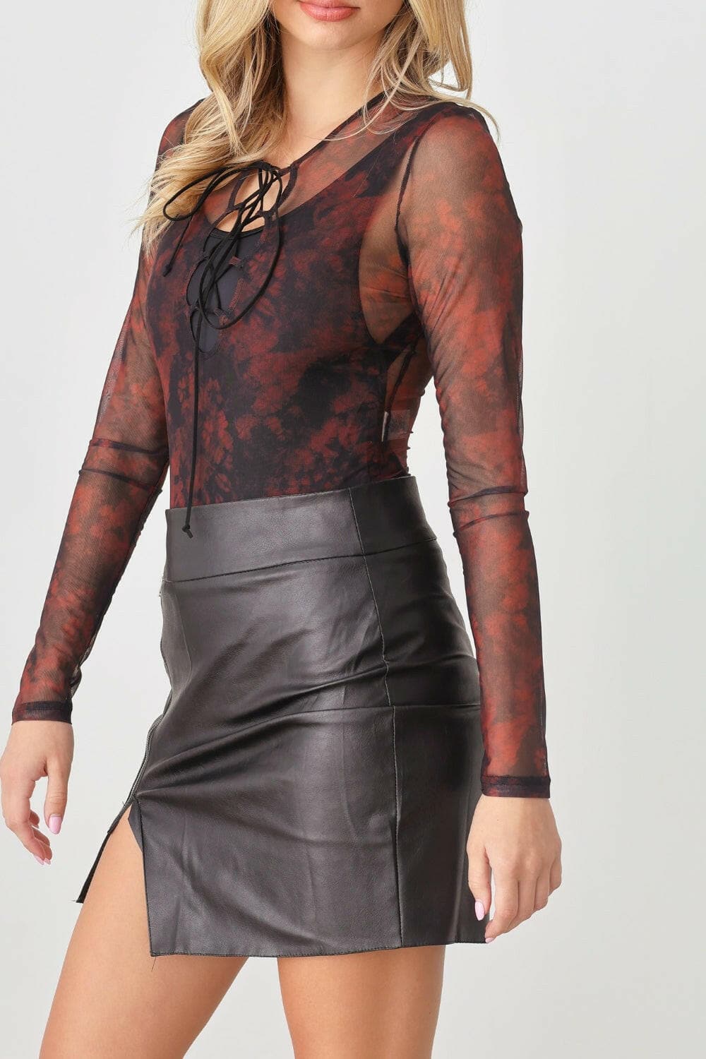 HERA COLLECTION Abstract Mesh Lace-Up Long Sleeve Bodysuit.