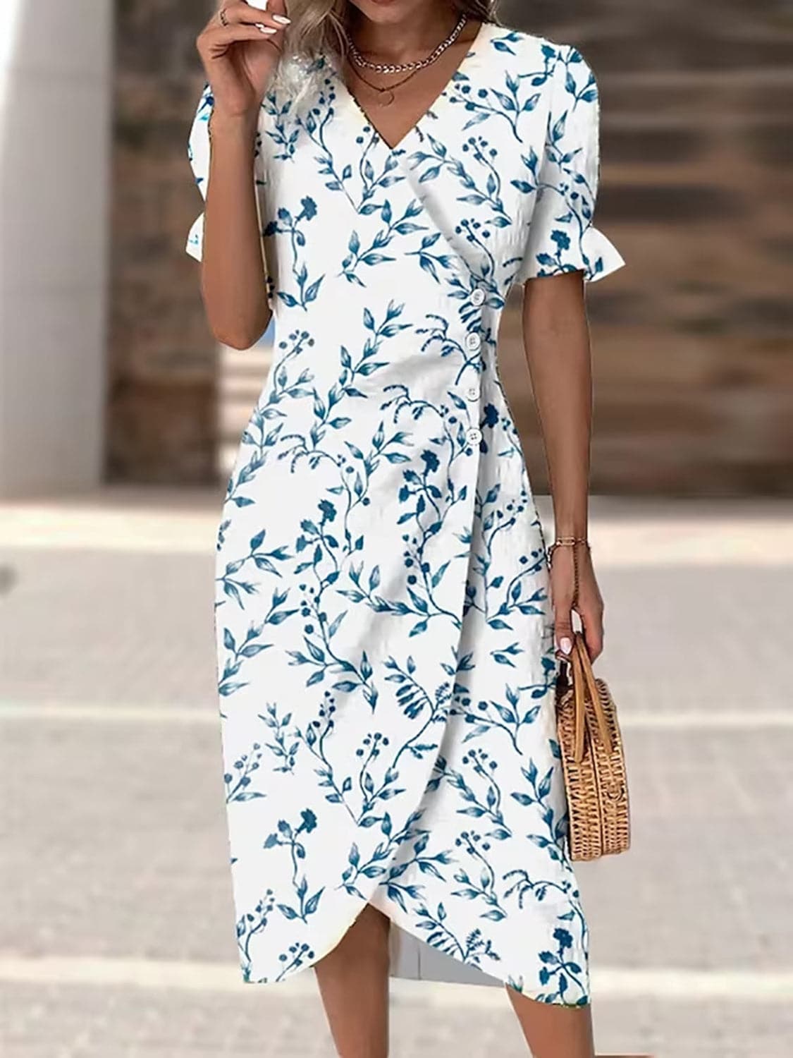 Full Size Printed Surplice Flounce Sleeve Midi Dress.