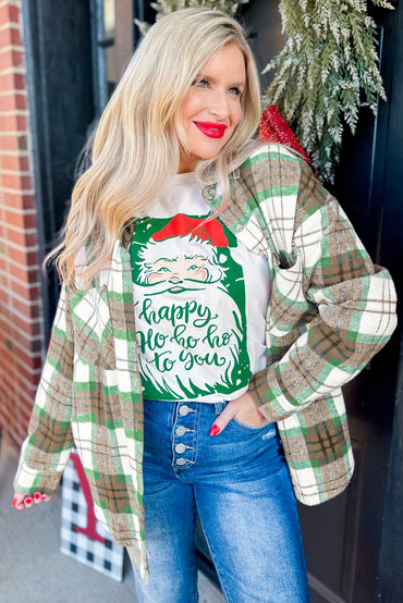 Khaki Christmas Plaid Flannel Shacket Casual Outerwear