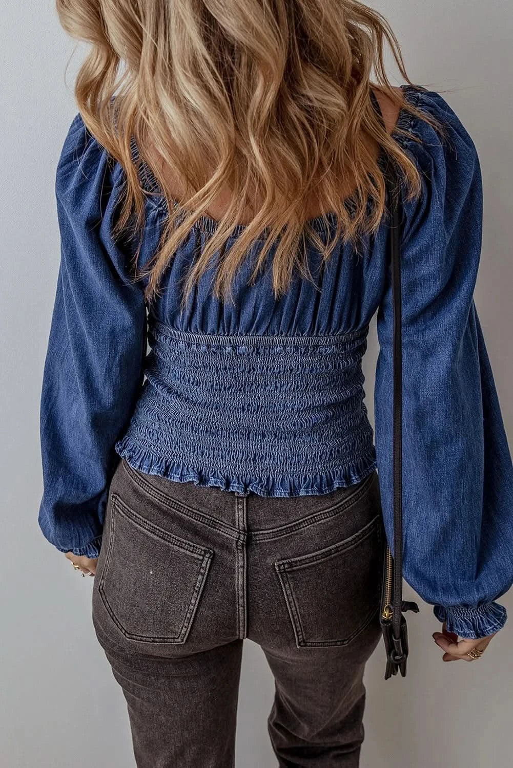 Smocked denim blouse with long sleeves