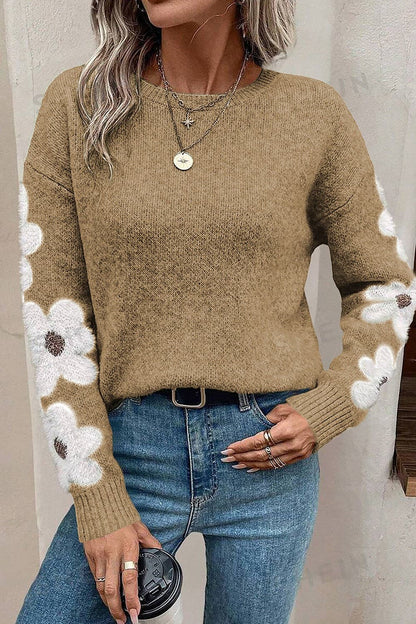 Flower Round Neck Long Sleeve Sweater.