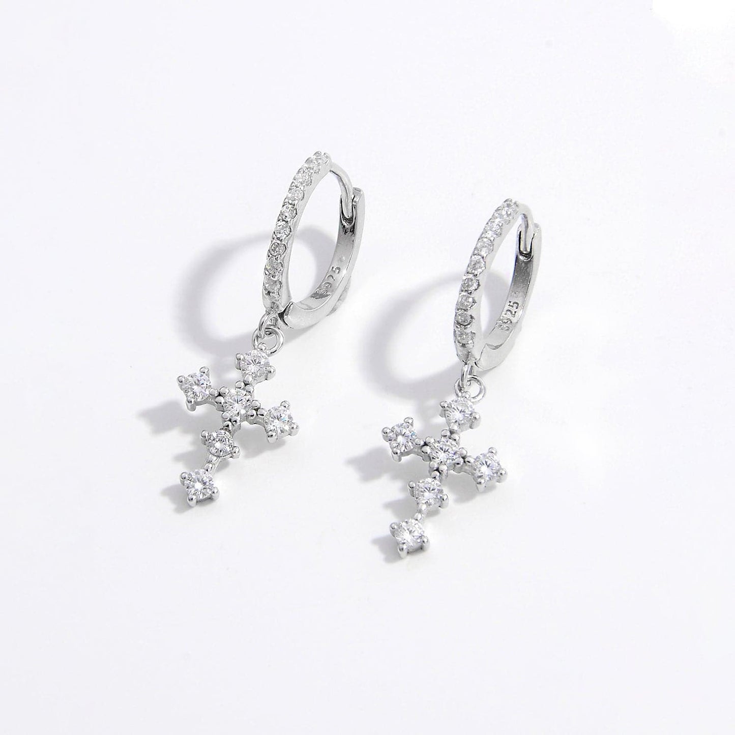 925 Sterling Silver Inlaid Zircon Cross Dangle Earrings.