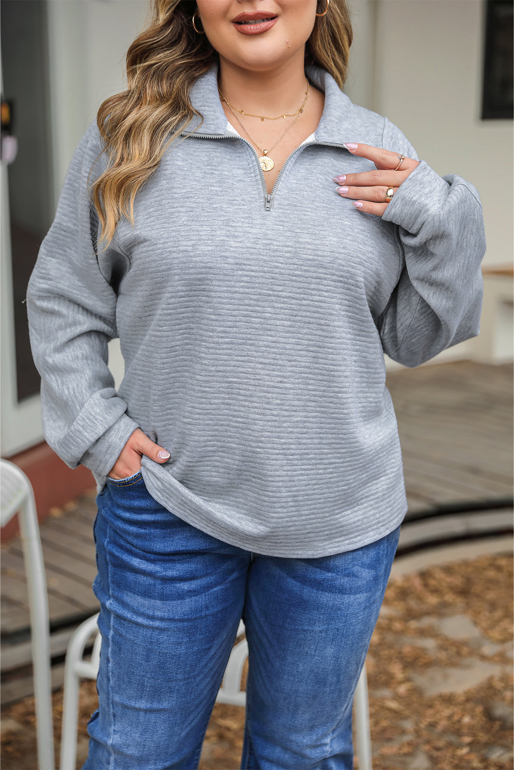 Light grey ribbed knit plus size pullover with quarter zipper collar