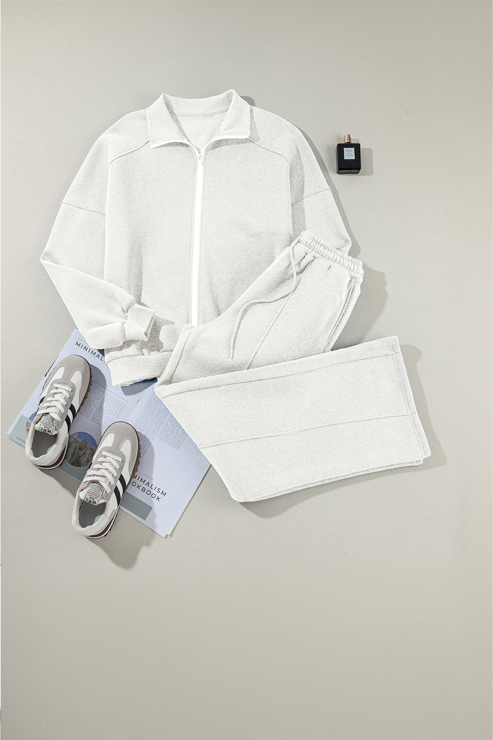 Light Grey Drop Shoulder Zip Jacket Drawstring Pants Set