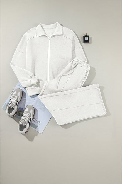 Light Grey Drop Shoulder Zip Jacket Drawstring Pants Set