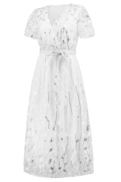 Sequin Leaf Embroidery Tie Front Short Sleeve Dress.