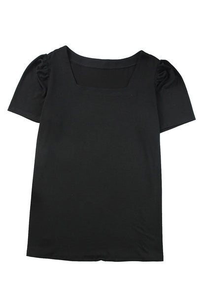 Chic black plus size square neck top with ruched sleeves