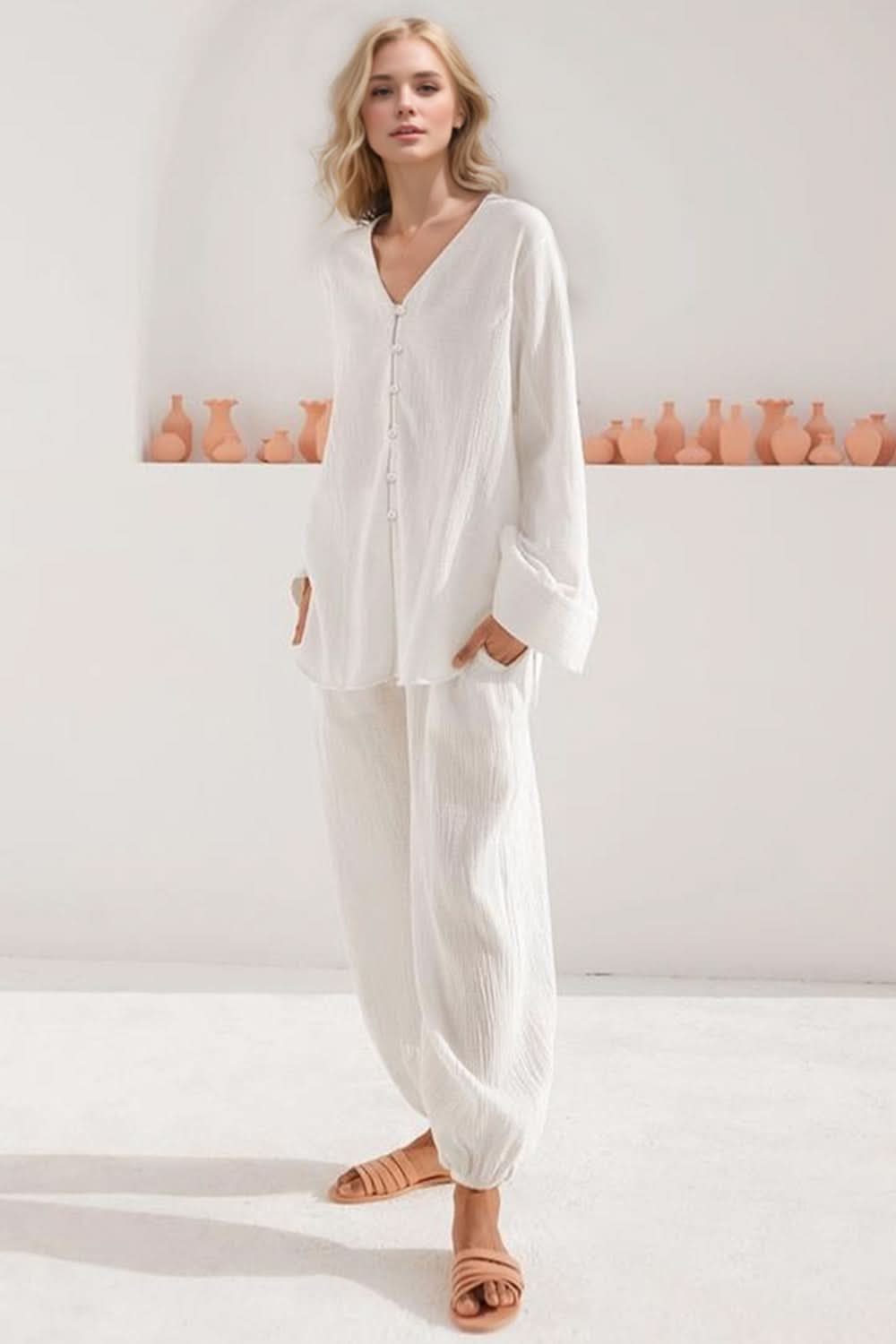 Cozy Comfort Buttery-Soft V-Neck Long Sleeve Top and Pants Ensemble